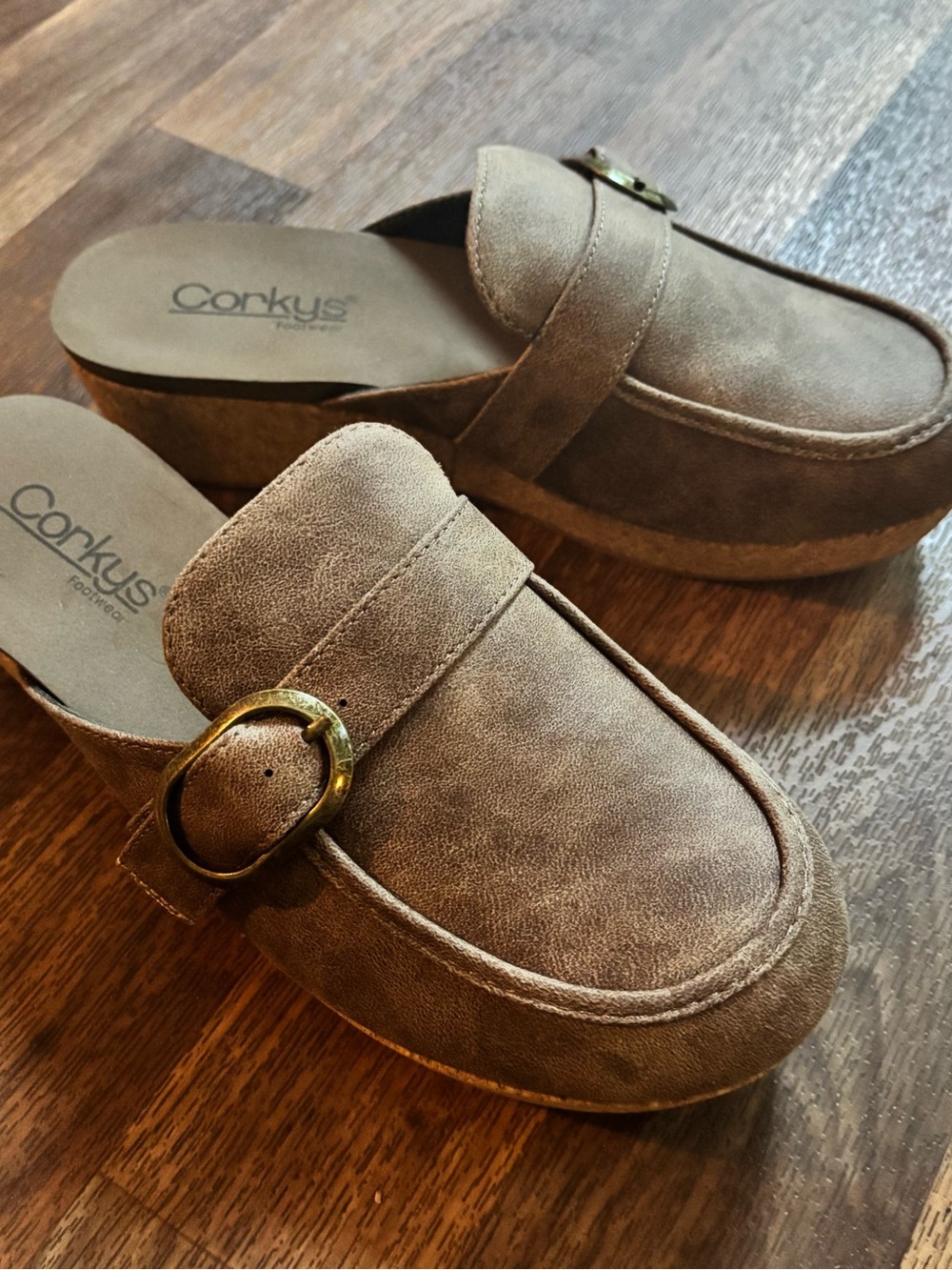 Corkys Brown Platform Mule with Brass Buckle